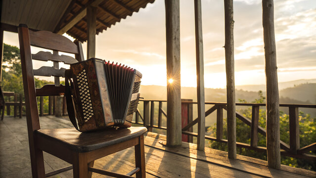 Vallenato accordion resting on a wooden chair in a rural Colombian veranda, sunset rays filtering through, nostalgic composition centered on cultural instrument.