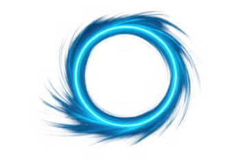Blue swirling neon light forming a circular futuristic portal or energy vortex on transparent background