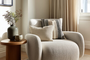 Living room corner with soft armchair, pillows and vase on table near window