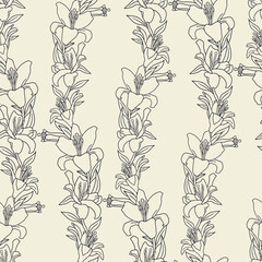 Hand drawn black and white line art lily flowers vintage seamless pattern. Boho floral monochrome repeat wallpaper