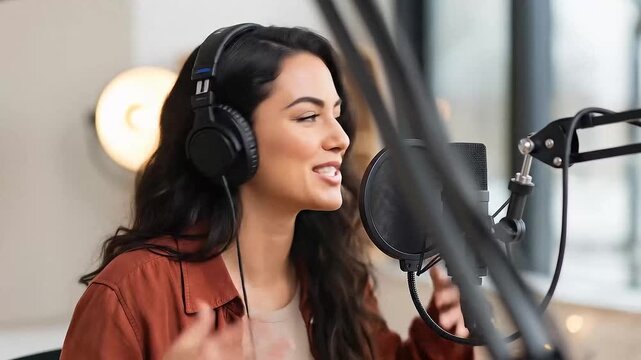Podcast Production: A captivating individual with headphones on, skillfully speaking into a microphone within a soundproof environment, showcasing the artistry of podcasting.