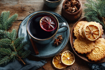 Cup of mulled wine with orange slice, star anise and plate of gingerbread cookies
