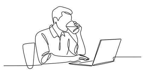 Continuous line drawing of a man working on a laptop while drinking water, showcasing a modern and minimalist design the artwork captures the essence of productivity continuous one line art of vector 