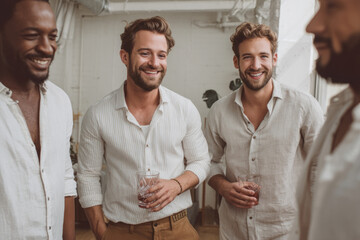Men in light shirts standing indoors and holding drinks while smiling