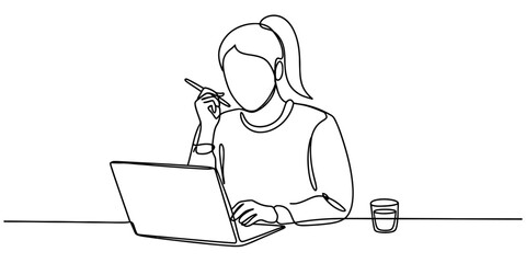 Continuous line drawing of woman working on laptop concept of work, study, education, learning, online, remote, freelance, business, technology, communication continuous one line art of vector illustr
