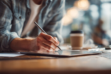 Designer drawing product concept on a digital tablet using a stylus pen at modern workspace