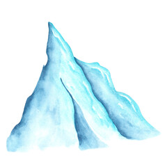 Ice mountain watercolor illustration. Mountain illustration. Ice, frost, winter, northern, cold. White and blue colors. New Year, Christmas. December, January, February. Isolated illustration. 