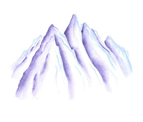 Mountains watercolor illustration. Snowy mountain illustration. Ice, frost, winter, northern, cold. White, blue, purple colors. New Year, Christmas. Isolated illustration. Landscape. For print 