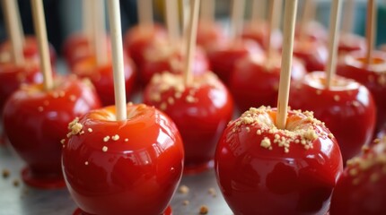 candy apples on sticks at fair booth, red caramel coating