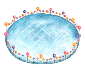 Skating rink watercolor illustration. Christmas skating rink. Ice, frost, winter holidays, northern, cold. Figure skating rink. Lights, garland. New Year, Christmas. Isolated illustration. For print