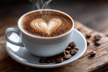 Fototapeta premium Steaming coffee cup with heart latte art
