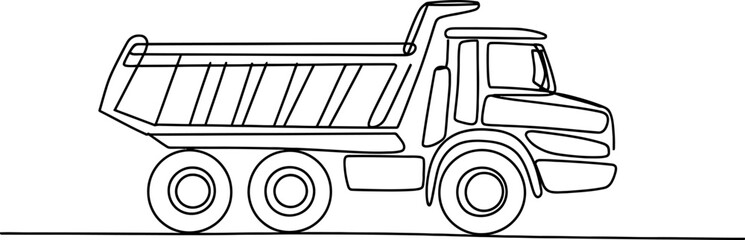 A captivating single line drawing showcases a robust dump truck, its sturdy form rendered with minimalist elegance against an, emphasizing its industrial strength and design continuous one line art of
