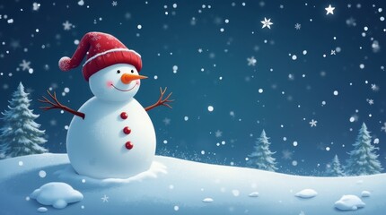 Fototapeta premium Realistic cartoon snowman in red hat on snowy night.