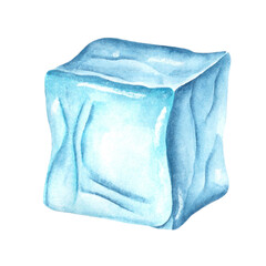 Ice cube watercolor illustration. Ice floe illustration. Ice, frost, winter, northern, cold. White and blue colors. New Year, Christmas. December, January, February. Isolated illustration. For print 