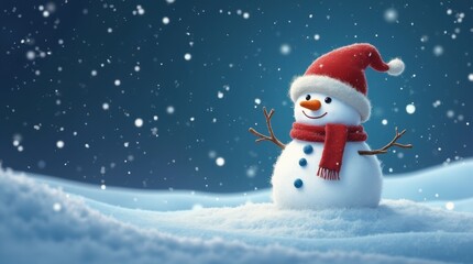 Fototapeta premium Realistic cartoon snowman in red hat on snowy night.