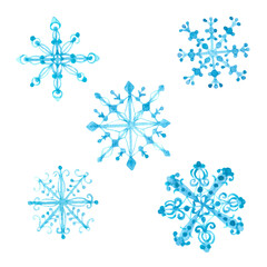Snowflake watercolor illustrations. Snowfall, snow. Ice, frost, winter, northern, cold. Winter holidays. Beautiful snowflakes. New Year, Christmas. Isolated illustration. For print, electronic media.