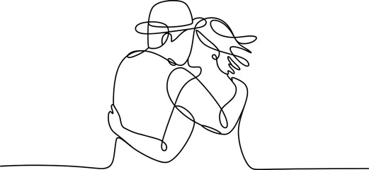 Continuous line drawing of a couple embracing, showcasing a romantic and intimate moment between two people, with the man wearing a hat, the minimalist style emphasizes connection and love continuous 