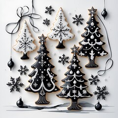 Black-and-white Christmas cookies with glossy icing, luxury bakery theme