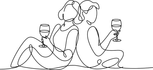Continuous one line drawing of couple drinking wine man and woman toast with glass of wine vector illustration of romantic date, celebration, anniversary, party continuous one line art of vector illus