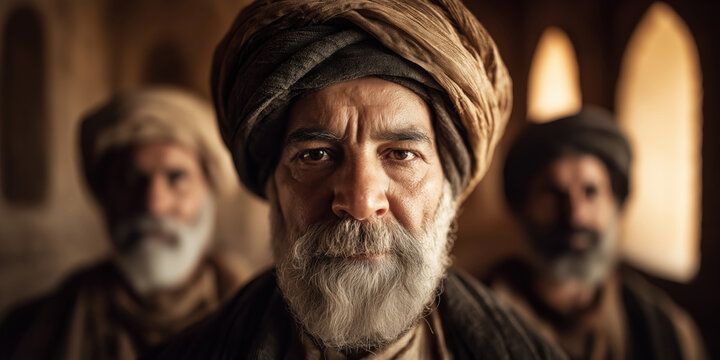 dignified elderly man with a turban and traditional robe stands in focus, flanked by two others in soft blur, evoking history, wisdom, and cultural heritage in warm lighting - Powered by Adobe