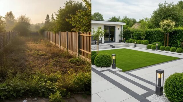 Backyard transformation before and after landscaping renovation, modern garden makeover concept