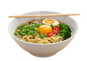 A chinese bowl of ramen with egg, peas, broccoli, scallions, and peppers served with chopsticks on top on transparent background