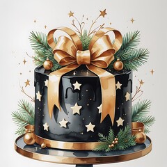 Luxury gothic black Christmas cake with stars, ribbon, greenery, watercolor style