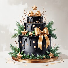Luxury gothic black Christmas cake with stars, ribbon, greenery, watercolor style