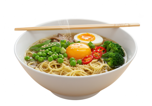 A chinese bowl of ramen with egg, peas, broccoli, scallions, and peppers served with chopsticks on top on transparent background