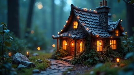 Detailed fairy tale house with golden window light illuminated by mystical moonlight from above