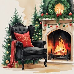Cozy gothic fireplace corner with black armchair and greenery, warm tones