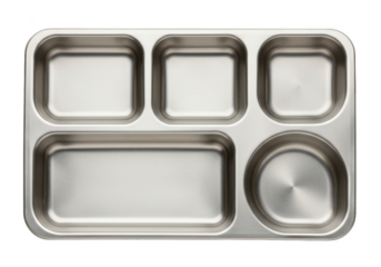 A rectangular shape metal food tray with multiple compartments for serving meals and portion control in dining settings on transparent background