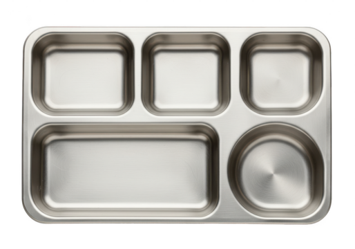 A rectangular shape metal food tray with multiple compartments for serving meals and portion control in dining settings on transparent background