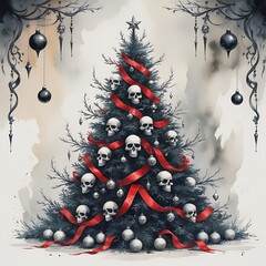 Gothic black Christmas tree with skull ornaments and red accents, watercolor style
