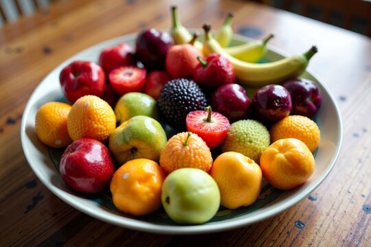 Vibrant assortment of fruits in various shapes and textures, creatively arranged in a geometric pattern on a wooden table under soft natural lighting - Powered by Adobe