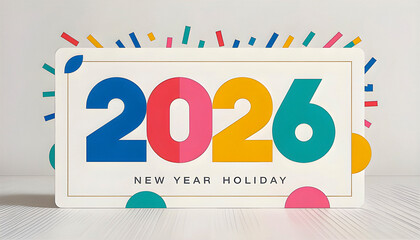 Colorful 2026 New Year holiday card with bold numbers confetti and modern design on a white background perfect for party invitations festive greetings and celebration themes