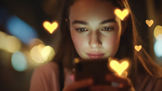 Young woman using smartphone at night for social media engagement
