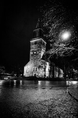 Black and White Night Scene of Turku Cathedral in the Rain