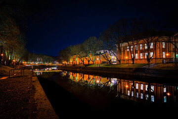 Reflections of Autumn Night Lights on Aurajoki River