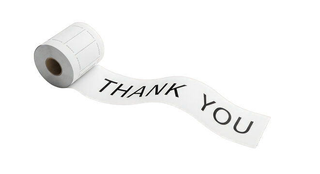 Thank you message on a paper roll isolated on a transparent background for appreciation and gratitude.