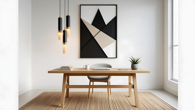Minimalist home office setup featuring a wooden desk, modern lighting, and abstract art on a white wall, creating a clean and inspiring workspace