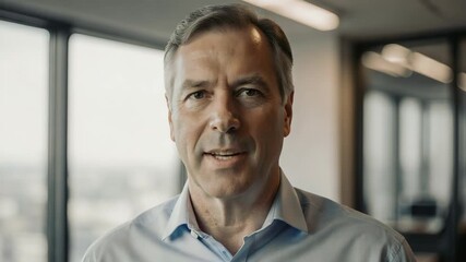 Portrait of a confident middle-aged businessman standing in a modern office with large windows and natural light. Professional corporate setting and leadership concept. - Powered by Adobe