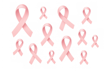 Many pink ribbons in different dimensions conveying awareness, hope, and support for the breast cancer community