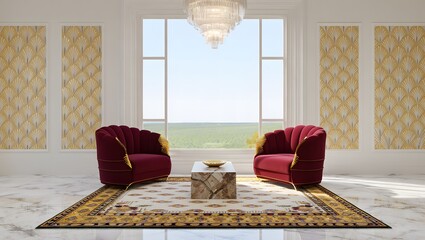 Elegant living room interior with two red armchairs, a patterned rug, and decorative wall panels, bathed in natural light from a large window overlooking a serene landscape