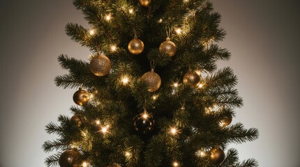 close-up of tall slender christmas tree with gold ornaments and lights festive shine