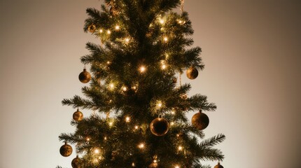 close-up of tall slender christmas tree with gold ornaments and lights festive shine