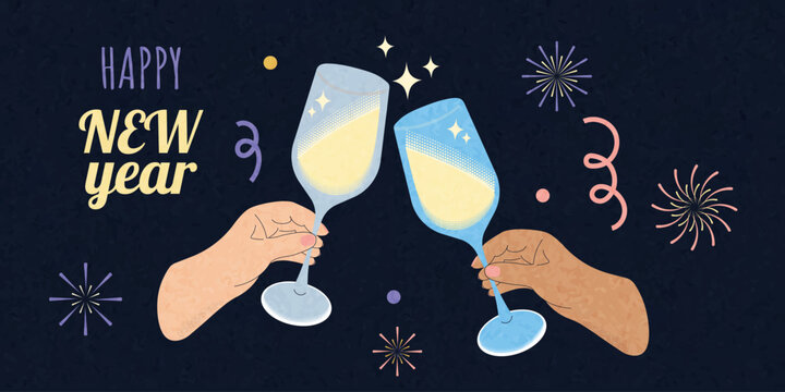 Flat vector illustration of hands toasting with champagne glasses on dark background. Happy New Year celebration with fireworks, confetti, and festive mood - Powered by Adobe