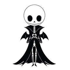 Cute cartoon skeleton character in a long coat holding a heart