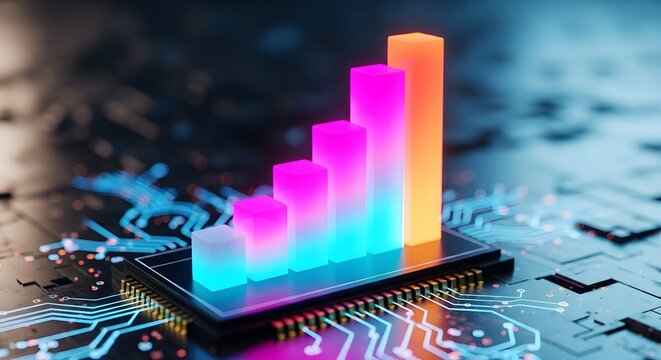 Glowing neon bar chart rising upwards on a computer chip symbolizing growth and technology