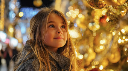 hermosa ni&ntilde;a en un merado navide&ntilde;o europeo viendo con asombro las luces del arbol de navidad